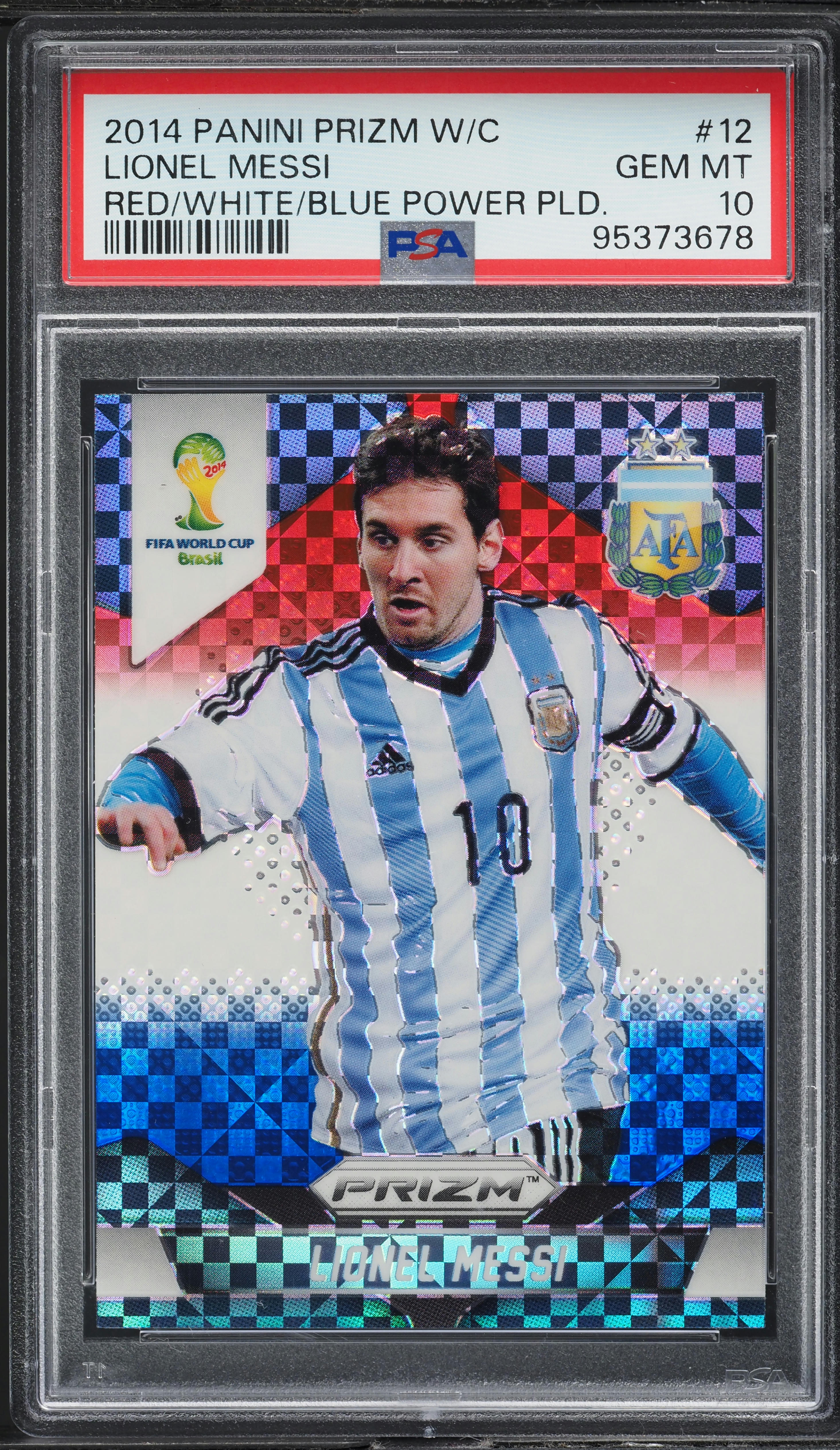 2014 Panini Prizm World Cup Red White Blue Power Plaid Lionel Messi #12 PSA 10
