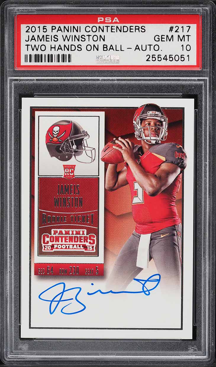 2015 Panini Contenders Two Hands On Ball Jameis Winston ROOKIE AUTO #217 PSA 10
