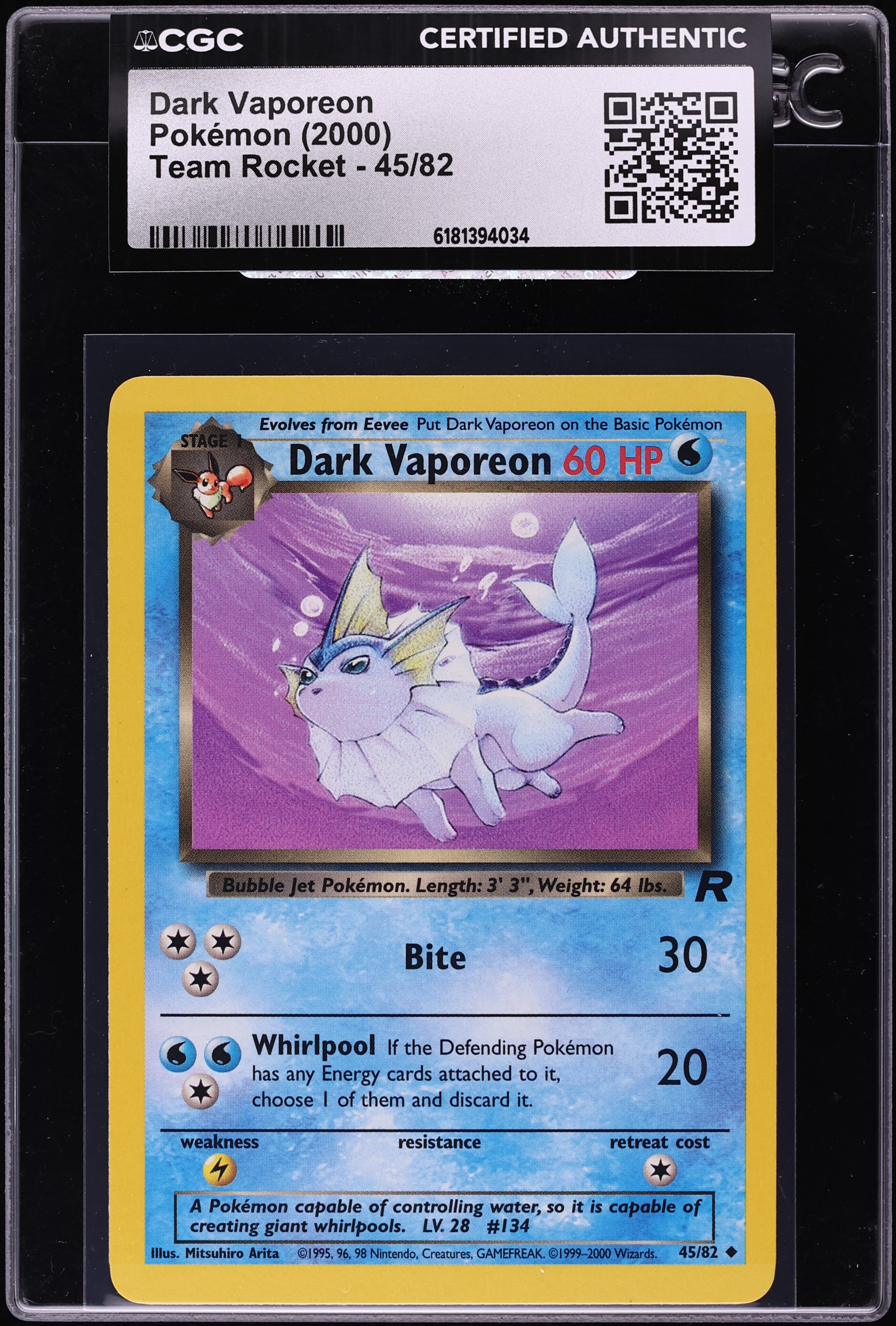 2000 Pokemon Team Rocket Dark Vaporeon #45 CGC AUTH
