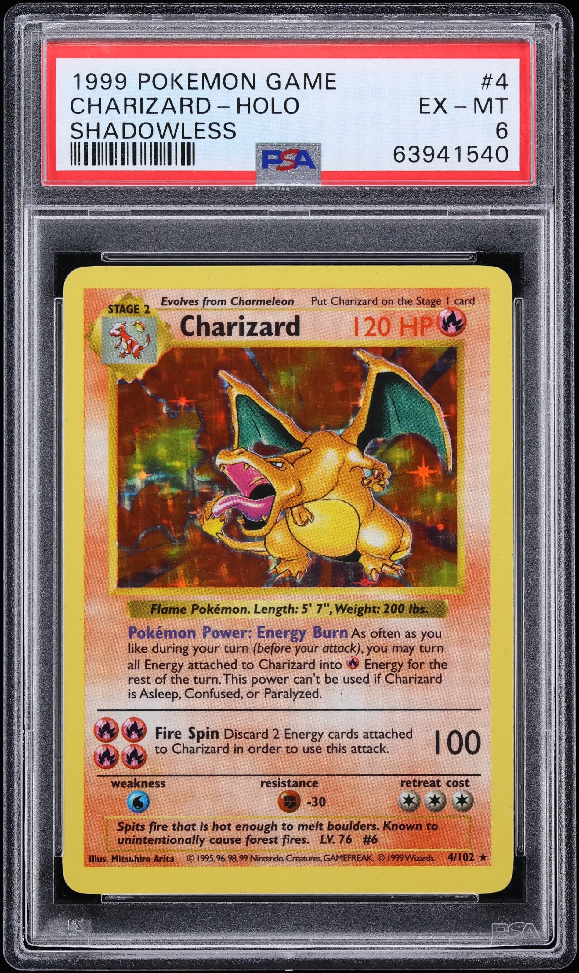 1999 Pokemon Base Set Shadowless Holo Charizard #4 PSA 6 EXMT
