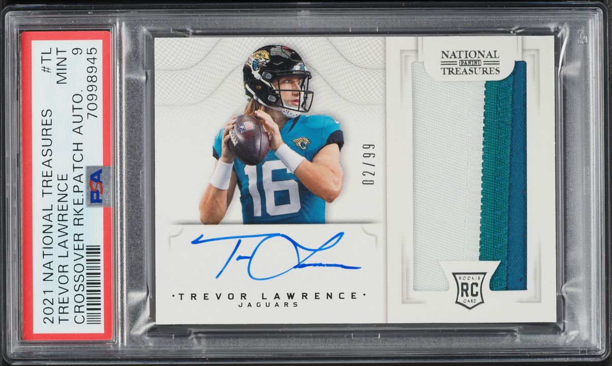 2021 National Treasures Crossover Trevor Lawrence ROOKIE PATCH AUTO /99 PSA 9